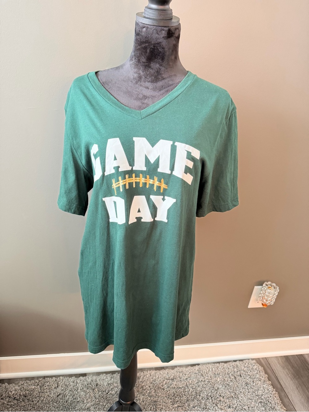Green "GAME DAY" V-Neck Tee with Gold Football Accent